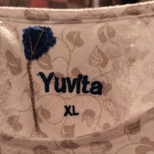Yuvita 100% Linen Taupe & White Foilage Print Blouse w Rear Cutout Size XL
